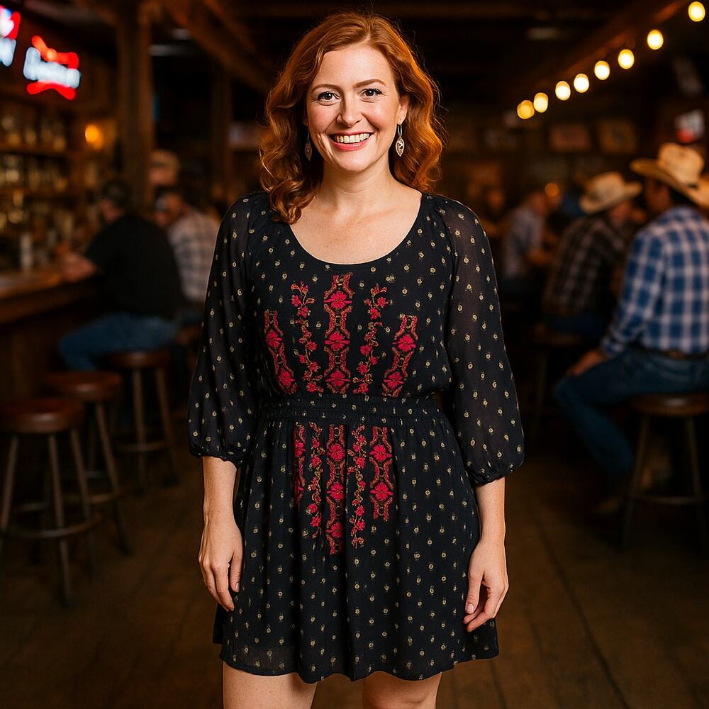 Shyanne Western Boho Embroidered Mini Dress M — Black Metallic Dots